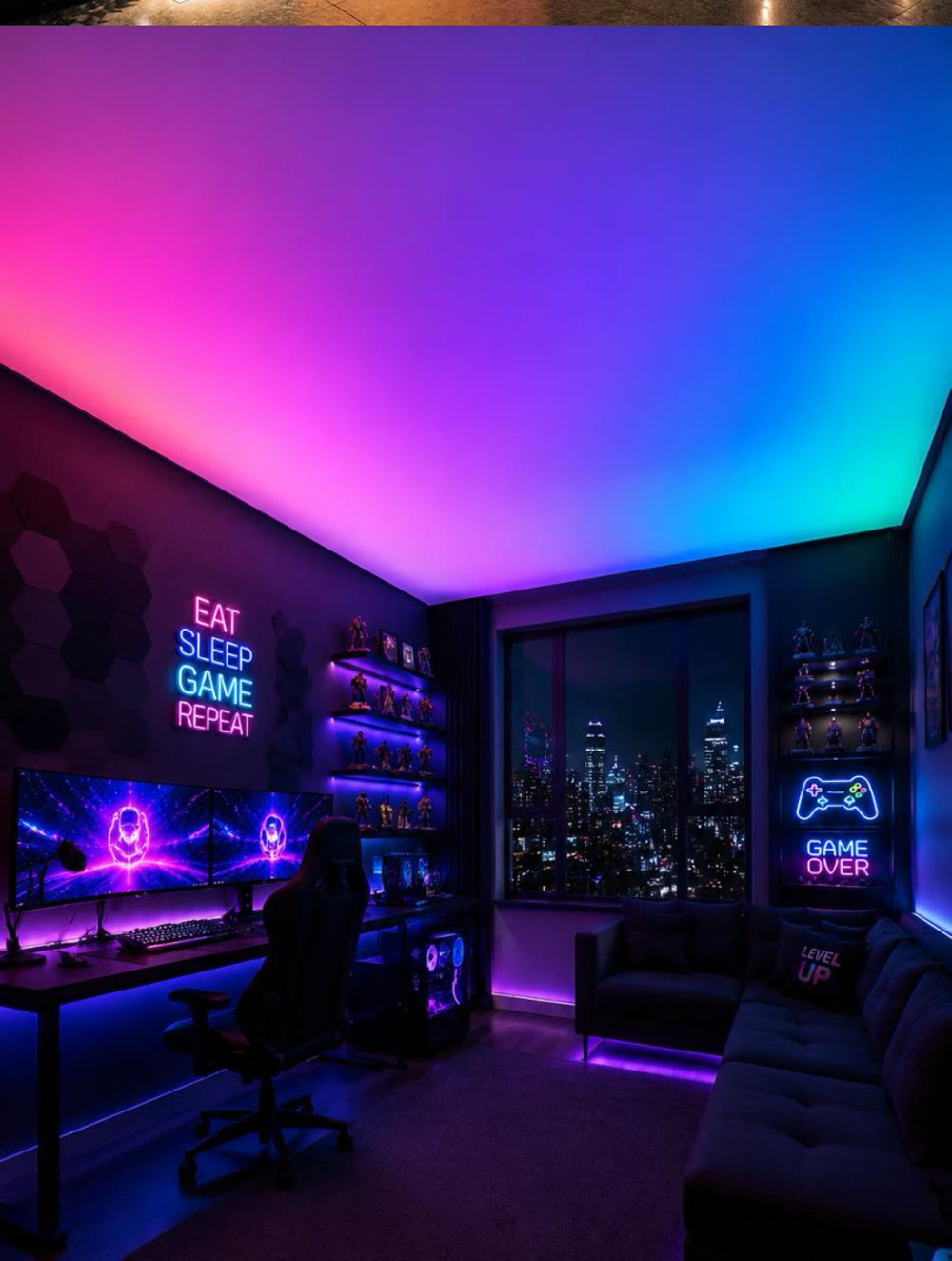 Игровая комната: RGB-подсветка потолка и стен, два монитора и неоновые надписи Eat Sleep Game Repeat и Game Over