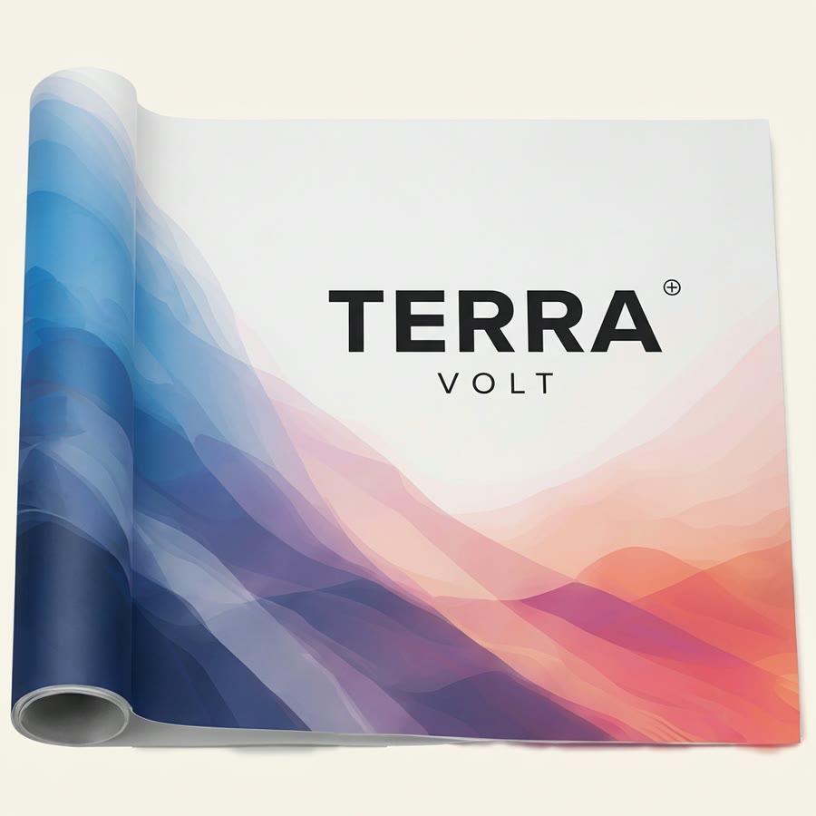 Тот же рулон ткани с напечатанным логотипом TERRA VOLT и цветным градиентом
