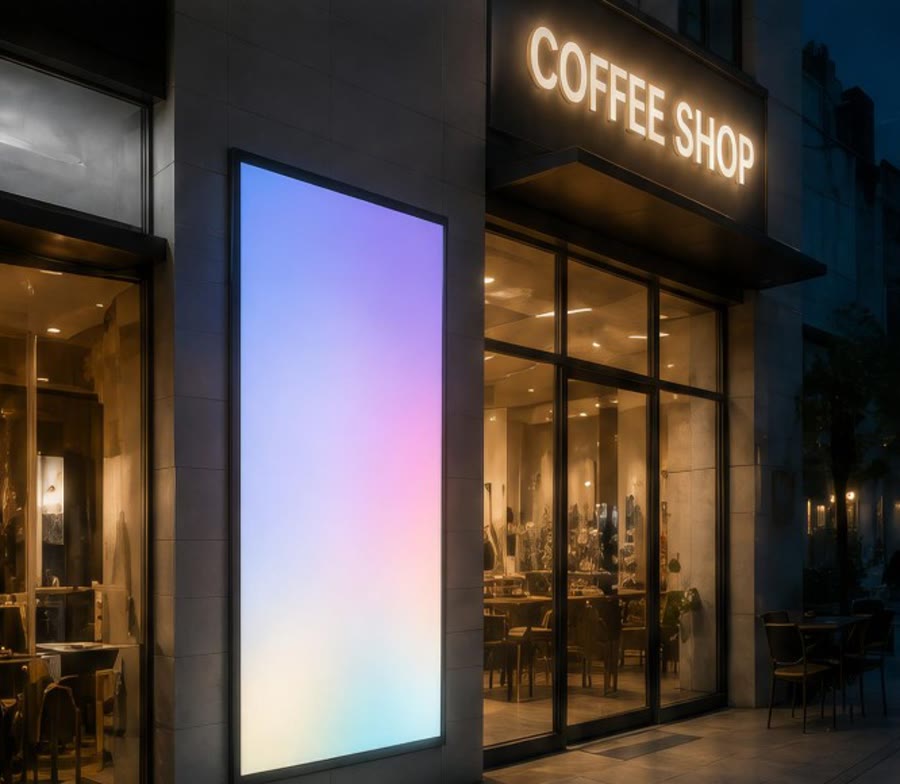 Витрина кофейни: вертикальный световой бокс рядом со входом, вывеска Coffee Shop